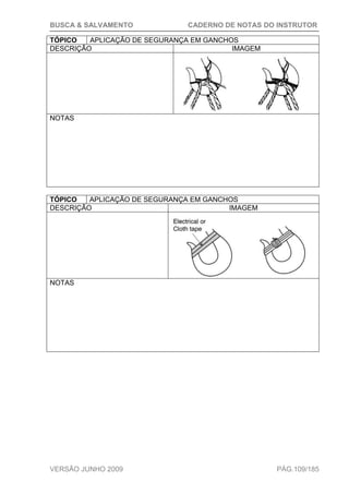 BUSCA & SALVAMENTO CADERNO DE NOTAS DO INSTRUTOR
VERSÃO JUNHO 2009 PÁG.109/185
TÓPICO APLICAÇÃO DE SEGURANÇA EM GANCHOS
DESCRIÇÃO IMAGEM
NOTAS
TÓPICO APLICAÇÃO DE SEGURANÇA EM GANCHOS
DESCRIÇÃO IMAGEM
NOTAS
 