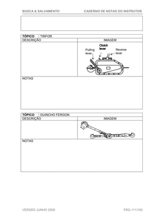 BUSCA & SALVAMENTO CADERNO DE NOTAS DO INSTRUTOR
VERSÃO JUNHO 2009 PÁG.111/185
TÓPICO TIRFOR
DESCRIÇÃO IMAGEM
NOTAS
TÓPICO GUINCHO FERGON
DESCRIÇÃO IMAGEM
NOTAS
 