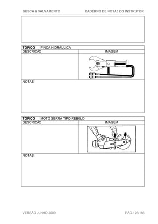 BUSCA & SALVAMENTO CADERNO DE NOTAS DO INSTRUTOR
VERSÃO JUNHO 2009 PÁG.126/185
TÓPICO PINÇA HIDRÁULICA
DESCRIÇÃO IMAGEM
NOTAS
TÓPICO MOTO SERRA TIPO REBOLO
DESCRIÇÃO IMAGEM
NOTAS
 