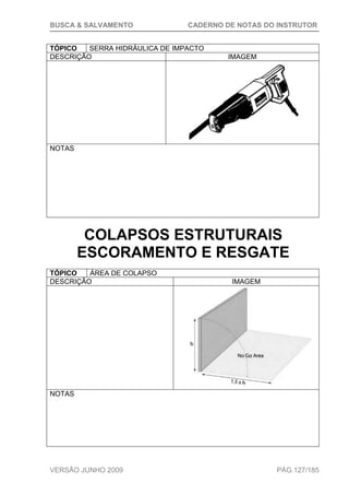 BUSCA & SALVAMENTO CADERNO DE NOTAS DO INSTRUTOR
VERSÃO JUNHO 2009 PÁG.127/185
TÓPICO SERRA HIDRÁULICA DE IMPACTO
DESCRIÇÃO IMAGEM
NOTAS
COLAPSOS ESTRUTURAIS
ESCORAMENTO E RESGATE
TÓPICO ÁREA DE COLAPSO
DESCRIÇÃO IMAGEM
NOTAS
 
