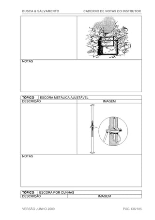 BUSCA & SALVAMENTO CADERNO DE NOTAS DO INSTRUTOR
VERSÃO JUNHO 2009 PÁG.136/185
NOTAS
TÓPICO ESCORA METÁLICA AJUSTÁVEL
DESCRIÇÃO IMAGEM
NOTAS
TÓPICO ESCORA POR CUNHAS
DESCRIÇÃO IMAGEM
 