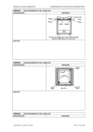 BUSCA & SALVAMENTO CADERNO DE NOTAS DO INSTRUTOR
VERSÃO JUNHO 2009 PÁG.144/185
TÓPICO ESCORAMENTO DE JANELAS
DESCRIÇÃO IMAGEM
NOTAS
TÓPICO ESCORAMENTO DE JANELAS
DESCRIÇÃO IMAGEM
NOTAS
TÓPICO ESCORAMENTO DE JANELAS
DESCRIÇÃO IMAGEM
 