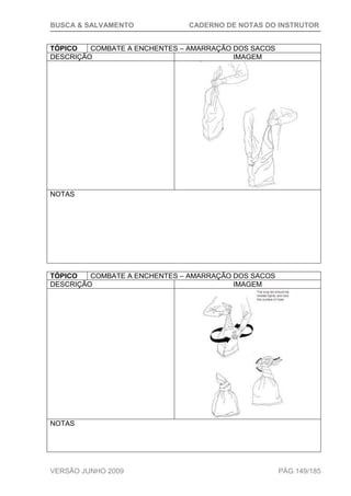 BUSCA & SALVAMENTO CADERNO DE NOTAS DO INSTRUTOR
VERSÃO JUNHO 2009 PÁG.149/185
TÓPICO COMBATE A ENCHENTES – AMARRAÇÃO DOS SACOS
DESCRIÇÃO IMAGEM
NOTAS
TÓPICO COMBATE A ENCHENTES – AMARRAÇÃO DOS SACOS
DESCRIÇÃO IMAGEM
NOTAS
 