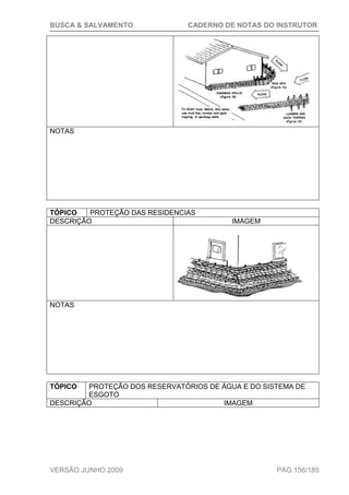 BUSCA & SALVAMENTO CADERNO DE NOTAS DO INSTRUTOR
VERSÃO JUNHO 2009 PÁG.156/185
NOTAS
TÓPICO PROTEÇÃO DAS RESIDENCIAS
DESCRIÇÃO IMAGEM
NOTAS
TÓPICO PROTEÇÃO DOS RESERVATÓRIOS DE ÁGUA E DO SISTEMA DE
ESGOTO
DESCRIÇÃO IMAGEM
 