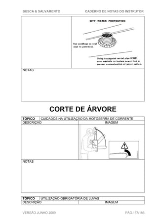 BUSCA & SALVAMENTO CADERNO DE NOTAS DO INSTRUTOR
VERSÃO JUNHO 2009 PÁG.157/185
NOTAS
CORTE DE ÁRVORE
TÓPICO CUIDADOS NA UTILIZAÇÃO DA MOTOSERRA DE CORRENTE
DESCRIÇÃO IMAGEM
NOTAS
TÓPICO UTILIZAÇÃO OBRIGATÓRIA DE LUVAS
DESCRIÇÃO IMAGEM
 