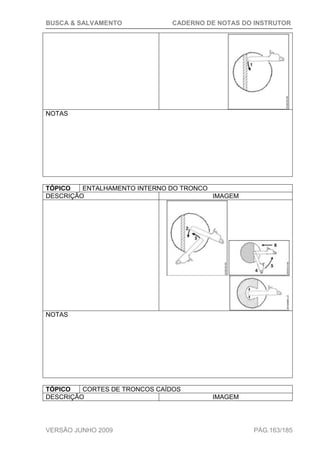 BUSCA & SALVAMENTO CADERNO DE NOTAS DO INSTRUTOR
VERSÃO JUNHO 2009 PÁG.163/185
NOTAS
TÓPICO ENTALHAMENTO INTERNO DO TRONCO
DESCRIÇÃO IMAGEM
NOTAS
TÓPICO CORTES DE TRONCOS CAÍDOS
DESCRIÇÃO IMAGEM
 
