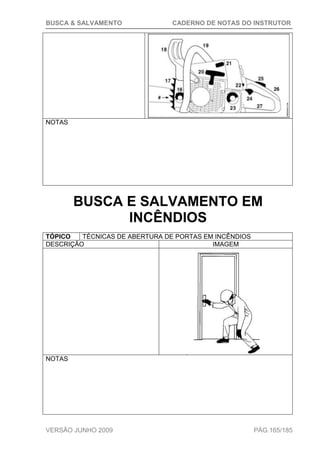 BUSCA & SALVAMENTO CADERNO DE NOTAS DO INSTRUTOR
VERSÃO JUNHO 2009 PÁG.165/185
NOTAS
BUSCA E SALVAMENTO EM
INCÊNDIOS
TÓPICO TÉCNICAS DE ABERTURA DE PORTAS EM INCÊNDIOS
DESCRIÇÃO IMAGEM
NOTAS
 
