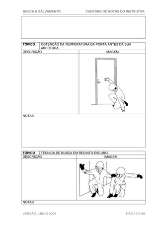 BUSCA & SALVAMENTO CADERNO DE NOTAS DO INSTRUTOR
VERSÃO JUNHO 2009 PÁG.167/185
TÓPICO OBTENÇÃO DA TEMPERATURA DA PORTA ANTES DA SUA
ABERTURA
DESCRIÇÃO IMAGEM
NOTAS
TÓPICO TÉCNICA DE BUSCA EM RECINTO ESCURO
DESCRIÇÃO IMAGEM
NOTAS
 