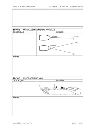 BUSCA & SALVAMENTO CADERNO DE NOTAS DO INSTRUTOR
VERSÃO JUNHO 2009 PÁG.175/185
TÓPICO ANCORAGEM COM DUAS ÂNCORAS
DESCRIÇÃO IMAGEM
NOTAS
TÓPICO ANCORAGEM NO MAR
DESCRIÇÃO IMAGEM
NOTAS
 