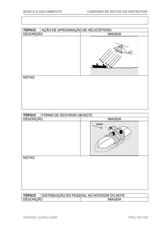 BUSCA & SALVAMENTO CADERNO DE NOTAS DO INSTRUTOR
VERSÃO JUNHO 2009 PÁG.183/185
TÓPICO AÇÃO DE APROXIMAÇÃO DE HELICÓPTERO
DESCRIÇÃO IMAGEM
NOTAS
TÓPICO FORMA DE DESVIRAR UM BOTE
DESCRIÇÃO IMAGEM
NOTAS
TÓPICO DISTRIBUIÇÃO DO PESSOAL NO INTERIOR DO BOTE
DESCRIÇÃO IMAGEM
 