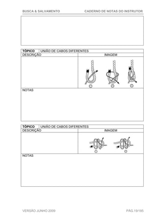 BUSCA & SALVAMENTO CADERNO DE NOTAS DO INSTRUTOR
VERSÃO JUNHO 2009 PÁG.19/185
TÓPICO UNIÃO DE CABOS DIFERENTES
DESCRIÇÃO IMAGEM
NOTAS
TÓPICO UNIÃO DE CABOS DIFERENTES
DESCRIÇÃO IMAGEM
NOTAS
 