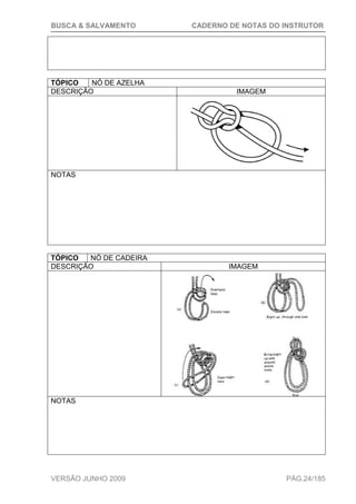 BUSCA & SALVAMENTO CADERNO DE NOTAS DO INSTRUTOR
VERSÃO JUNHO 2009 PÁG.24/185
TÓPICO NÓ DE AZELHA
DESCRIÇÃO IMAGEM
NOTAS
TÓPICO NÓ DE CADEIRA
DESCRIÇÃO IMAGEM
NOTAS
 