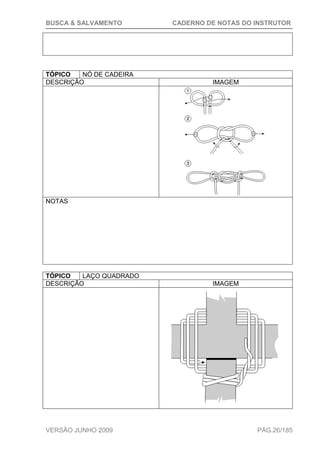 BUSCA & SALVAMENTO CADERNO DE NOTAS DO INSTRUTOR
VERSÃO JUNHO 2009 PÁG.26/185
TÓPICO NÓ DE CADEIRA
DESCRIÇÃO IMAGEM
NOTAS
TÓPICO LAÇO QUADRADO
DESCRIÇÃO IMAGEM
 