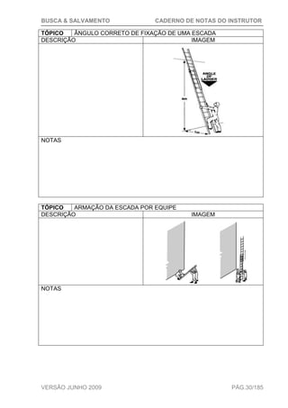 BUSCA & SALVAMENTO CADERNO DE NOTAS DO INSTRUTOR
VERSÃO JUNHO 2009 PÁG.30/185
TÓPICO ÂNGULO CORRETO DE FIXAÇÃO DE UMA ESCADA
DESCRIÇÃO IMAGEM
NOTAS
TÓPICO ARMAÇÃO DA ESCADA POR EQUIPE
DESCRIÇÃO IMAGEM
NOTAS
 