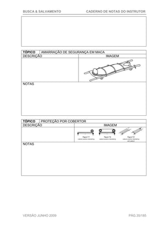 BUSCA & SALVAMENTO CADERNO DE NOTAS DO INSTRUTOR
VERSÃO JUNHO 2009 PÁG.35/185
TÓPICO AMARRAÇÃO DE SEGURANÇA EM MACA
DESCRIÇÃO IMAGEM
NOTAS
TÓPICO PROTEÇÃO POR COBERTOR
DESCRIÇÃO IMAGEM
NOTAS
 