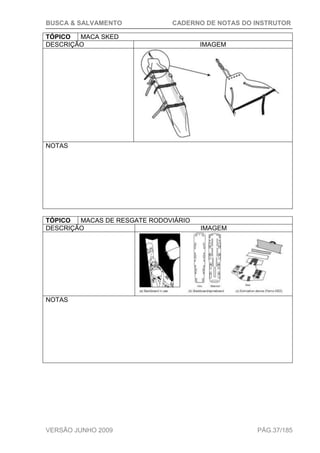 BUSCA & SALVAMENTO CADERNO DE NOTAS DO INSTRUTOR
VERSÃO JUNHO 2009 PÁG.37/185
TÓPICO MACA SKED
DESCRIÇÃO IMAGEM
NOTAS
TÓPICO MACAS DE RESGATE RODOVIÁRIO
DESCRIÇÃO IMAGEM
NOTAS
 