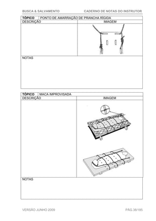 BUSCA & SALVAMENTO CADERNO DE NOTAS DO INSTRUTOR
VERSÃO JUNHO 2009 PÁG.38/185
TÓPICO PONTO DE AMARRAÇÃO DE PRANCHA RÍGIDA
DESCRIÇÃO IMAGEM
NOTAS
TÓPICO MACA IMPROVISADA
DESCRIÇÃO IMAGEM
NOTAS
 