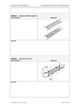 BUSCA & SALVAMENTO CADERNO DE NOTAS DO INSTRUTOR
VERSÃO JUNHO 2009 PÁG.39/185
TÓPICO MACAS IMPROVISADAS
DESCRIÇÃO IMAGEM
NOTAS
TÓPICO MACA DE SELVA
DESCRIÇÃO IMAGEM
NOTAS
 
