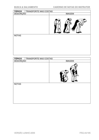 BUSCA & SALVAMENTO CADERNO DE NOTAS DO INSTRUTOR
VERSÃO JUNHO 2009 PÁG.44/185
TÓPICO TRANSPORTE NAS COSTAS
DESCRIÇÃO IMAGEM
NOTAS
TÓPICO TRANSPORTE NAS COSTAS
DESCRIÇÃO IMAGEM
NOTAS
 