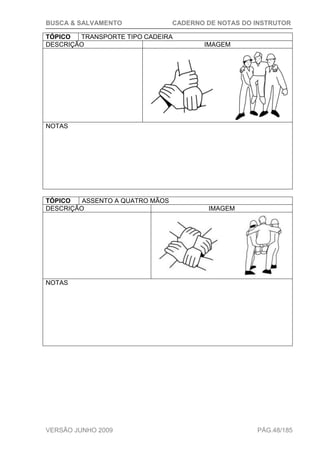 BUSCA & SALVAMENTO CADERNO DE NOTAS DO INSTRUTOR
VERSÃO JUNHO 2009 PÁG.48/185
TÓPICO TRANSPORTE TIPO CADEIRA
DESCRIÇÃO IMAGEM
NOTAS
TÓPICO ASSENTO A QUATRO MÃOS
DESCRIÇÃO IMAGEM
NOTAS
 