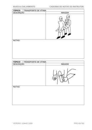 BUSCA & SALVAMENTO CADERNO DE NOTAS DO INSTRUTOR
VERSÃO JUNHO 2009 PÁG.49/185
TÓPICO TRANSPORTE DE VÍTIMA
DESCRIÇÃO IMAGEM
NOTAS
TÓPICO TRANSPORTE DE VÍTIMA
DESCRIÇÃO IMAGEM
NOTAS
 