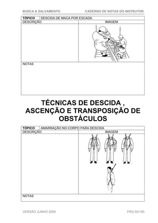 BUSCA & SALVAMENTO CADERNO DE NOTAS DO INSTRUTOR
VERSÃO JUNHO 2009 PÁG.50/185
TÓPICO DESCIDA DE MACA POR ESCADA
DESCRIÇÃO IMAGEM
NOTAS
TÉCNICAS DE DESCIDA ,
ASCENÇÃO E TRANSPOSIÇÃO DE
OBSTÁCULOS
TÓPICO AMARRAÇÃO NO CORPO PARA DESCIDA
DESCRIÇÃO IMAGEM
NOTAS
 