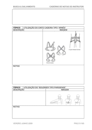 BUSCA & SALVAMENTO CADERNO DE NOTAS DO INSTRUTOR
VERSÃO JUNHO 2009 PÁG.51/185
TÓPICO UTILIZAÇÃO DO CINTO CADEIRA TIPO “ARNÊS”
DESCRIÇÃO IMAGEM
NOTAS
TÓPICO UTILIZAÇÃO DO “BOUDRIER TIPO PARISIENSE”
DESCRIÇÃO IMAGEM
NOTAS
 