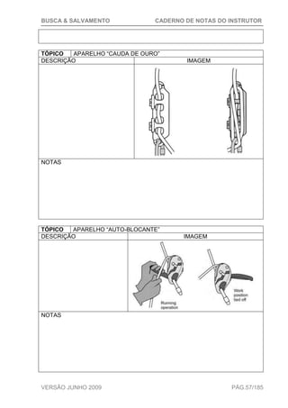 BUSCA & SALVAMENTO CADERNO DE NOTAS DO INSTRUTOR
VERSÃO JUNHO 2009 PÁG.57/185
TÓPICO APARELHO “CAUDA DE OURO”
DESCRIÇÃO IMAGEM
NOTAS
TÓPICO APARELHO “AUTO-BLOCANTE”
DESCRIÇÃO IMAGEM
NOTAS
 