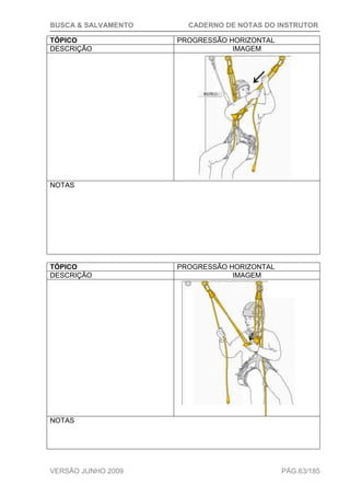 BUSCA & SALVAMENTO CADERNO DE NOTAS DO INSTRUTOR
VERSÃO JUNHO 2009 PÁG.63/185
TÓPICO PROGRESSÃO HORIZONTAL
DESCRIÇÃO IMAGEM
NOTAS
TÓPICO PROGRESSÃO HORIZONTAL
DESCRIÇÃO IMAGEM
NOTAS
 