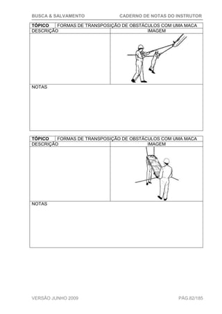 BUSCA & SALVAMENTO CADERNO DE NOTAS DO INSTRUTOR
VERSÃO JUNHO 2009 PÁG.82/185
TÓPICO FORMAS DE TRANSPOSIÇÃO DE OBSTÁCULOS COM UMA MACA
DESCRIÇÃO IMAGEM
NOTAS
TÓPICO FORMAS DE TRANSPOSIÇÃO DE OBSTÁCULOS COM UMA MACA
DESCRIÇÃO IMAGEM
NOTAS
 