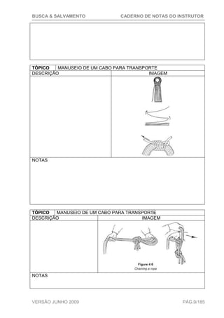 BUSCA & SALVAMENTO CADERNO DE NOTAS DO INSTRUTOR
VERSÃO JUNHO 2009 PÁG.9/185
TÓPICO MANUSEIO DE UM CABO PARA TRANSPORTE
DESCRIÇÃO IMAGEM
NOTAS
TÓPICO MANUSEIO DE UM CABO PARA TRANSPORTE
DESCRIÇÃO IMAGEM
NOTAS
 