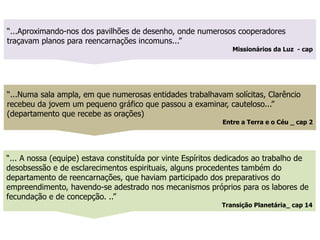 “...Numa sala ampla, em que numerosas entidades trabalhavam solícitas, Clarêncio
recebeu da jovem um pequeno gráfico que passou a examinar, cauteloso...”
(departamento que recebe as orações)
Entre a Terra e o Céu _ cap 2
“...Aproximando-nos dos pavilhões de desenho, onde numerosos cooperadores
traçavam planos para reencarnações incomuns...”
Missionários da Luz - cap
“... A nossa (equipe) estava constituída por vinte Espíritos dedicados ao trabalho de
desobsessão e de esclarecimentos espirituais, alguns procedentes também do
departamento de reencarnações, que haviam participado dos preparativos do
empreendimento, havendo-se adestrado nos mecanismos próprios para os labores de
fecundação e de concepção. ..”
Transição Planetária_ cap 14
 