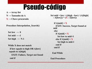Set mid = low + ((high - low) / (A[high]
- A[low])) * (X - A[low])
if A[mid] = X
EXIT: Success, Target found at
mid
else
if A[mid] < X
Set low to mid+1
else if A[mid] > X
Set high to mid-1
end if
end if
End While
End Procedure
Pseudo-códigoA → Array list
N → Tamanho de A
X → Chave procurada
Procedure Interpolation_Search()
Set low → 0
Set mid → -1
Set high → N-1
While X does not match
if low equals to high OR A[low]
equals to A[high]
EXIT: Failure, Target not found
end if
 