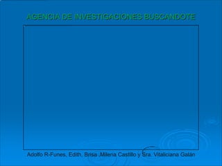 AGENCIA DE INVESTIGACIONES BUSCANDOTE




Adolfo R-Funes, Edith, Brisa ,Milena Castillo y Sra. Vitaliciana Galán
 
