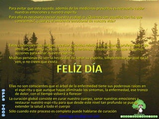 Para evitar que esto suceda, además de las medicinas prescritas es necesario cuidar nuestras emociones y nuestro espíritu Para ello es necesario revisar nuestra ecologí­a: ¿Quiénes son aquellos con los que convivimos?, ¿cuál es el ambiente emocional de nuestra vida? Estas cuestiones nos obligan a revisar nuestras relaciones familiares, profesionales, de amistad, así como nuestro modo de divertirnos, al mismo tiempo que iniciamos acciones para sanar nuestro espí­ritu Muchas personas no ven la necesidad de sanar su espíritu, simplemente por qué no lo ven, o no creen que exista Ellas no son conscientes que el árbol de la enfermedad tiene sus poderosas raíces en el espí­ritu y que aunque hayas eliminado los síntomas, la enfermedad, ese tronco de dolor, con el tiempo volverá a florecer La curación global consiste en curar nuestro cuerpo, sanar nuestras emociones y restaurar nuestro espí­ritu para que desde este nivel tan profundo se pueda extender la salud a todo el cuerpo Sólo cuando este proceso es completo puede hablarse de curación [email_address] ©PPS TOC® 