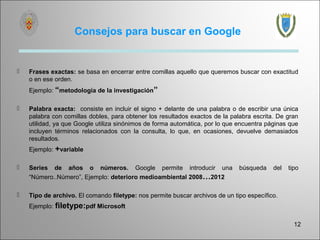 Consejos para buscar en Google


   Frases exactas: se basa en encerrar entre comillas aquello que queremos buscar con exactitud
    o en ese orden.
    Ejemplo: “metodología de la investigación”

   Palabra exacta: consiste en incluir el signo + delante de una palabra o de escribir una única
    palabra con comillas dobles, para obtener los resultados exactos de la palabra escrita. De gran
    utilidad, ya que Google utiliza sinónimos de forma automática, por lo que encuentra páginas que
    incluyen términos relacionados con la consulta, lo que, en ocasiones, devuelve demasiados
    resultados.
    Ejemplo: +variable

   Series de años o números. Google permite introducir una                   búsqueda    del   tipo
    “Número..Número”, Ejemplo: deterioro medioambiental 2008…2012

   Tipo de archivo. El comando filetype: nos permite buscar archivos de un tipo específico.
    Ejemplo: filetype:pdf Microsoft

                                                                                                  12
 