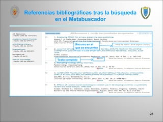 Referencias bibliográficas tras la búsqueda
           en el Metabuscador



                        Recurso en el
                        que se encuentra



            Texto completo




                                              28
 