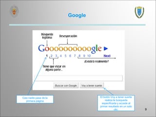 Google




Casi nadie pasa de la            El botón Voy a tener suerte
  primera página                     realiza la búsqueda
                                  especificada y accede al
                                 primer resultado en un solo
                                              clic.            9
 