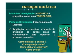 ENFOQUE DIDÁTICO
Ponto de Convergência: A DIDÁTICA é
concebida como uma TECNOLOGIA;
Ponto de Divergência: Foco Temático da
Didática;
Ampliação de conceitos e adoção de
princípios de outras áreas do
conhecimento para repensar o
processo de ensino.
Como didatizar o ensino ?
Como planejar aulas?
Como elaborar objetivos?
Como avaliar?
 