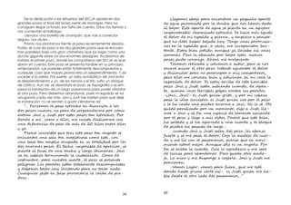 39
De la dedicación y los esfuerzos del SECJA aparecen dos
grandes pozos al nal del brazo oeste de Hormigas. Pero no
consiguen llegar al fondo por falta de cuerda. Estos nos llaman y
nos comentan el hallazgo:
-Llevaros una botella de champán, que vais a conectar
seguro- nos dicen.
Pronto nos plantamos frente al paso recientemente desobs-
truido, el cual da paso a los dos grandes pozos que se encuen-
tran paralelos bajo una gran chimenea que los riega como una
ducha gigante sobre los dos enormes desagües. Acabamos de
instalar el primer pozo, donde los compañeros del SECJA se que-
daron sin cuerda. Este pozo se presenta horrible en su principio,
amenazador. Las paredes están totalmente descompuestas y
cualquier cosa que toques provocaría un desprendimiento. Y así
sucede a la salida. Por suerte, un salto acrobático de Javi evita
el desprendimiento y yo, de los nervios y el frío, sufro un ataque
de ciática. Aun así, se desinstala el pozo, se topografía y se em-
pieza la instalación de un largo pasamanos para poder afrontar
el otro pozo. Pero debemos abandonar, pues mi espalda se va
arrugando cada vez más. Javi y Justi me insisten para que deje
la instalación; no se sienten a gusto viéndome así.
“… F z mo pas es e h ec i lo
do p zo vo ; n p r s n p c m
n r J Jus p esto paso t es e ho . P
d n , c m lo , est e z c
n i n i es má 20 lo n lo
y .
P e n ra es pas t ngost
n n n s l t m es uos c m est , c
n ba t i o pad ida p lo
do n e p zo . E e h , po e i ,
r n n n h l rg e . J
v c z n nd l nst la i . C m
cos , p r es r , p z e nt
i ros . La p e e est n esc esta
mo b j ca it nd p r n toc nad .
Cu l est f ls r voc í l c íd -
ra …
40
L eg mo b j p r nc n r e ñ p
a u r vocad p l u h no mo dad
b j . Es p a u r a r
e r : ma iad es e h . S ha má a ud
d l e p ld n , z ns
n h b jad h . T ng na u i -
e l e p ld , e e , nc pa it ba -
t n . Est jo id , n y v b a na
m na . P r l b e i p b j esto vo
p zo ud c ig . Ah r nt .
Toc mo e rad v mo , r no
o r r p z . In nt a u nt d l
i l p r n eo p i c p ro ,
r lo c no a n c r l
e i d l . Y est r b es h r
p z . J Jus est nd u nd , -
, n no r e g e c n r la p e e .
-¡J , J !- e Jus it , p c z
pas l i e es r : e Jus c p p z
h c íd n e r n J . N l . M
ed p r zad p m nt , ig Jus l -
m J n e e l nt as n
p p z eg i ído . P e est ;
h s ltad h ag rad n rd lo
e r h pasad l rg …
… u nd J Jus s p z , e r z
pas d l . C j l ma j -
d í c pas m no , ns m -
nt est j . A n s l e ng ñ . P
ac b l rd . Ca l a ra zc v
es us p r b nd n . P r ed r ma -
j . L r i p ng co l . J Jus
:
-V mo Lag , v mo p r r , est
d nd hast m a - e Jus h -
l es r lad pas m no …”
 