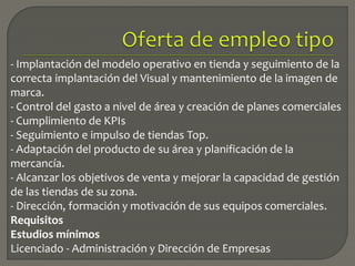 - Implantación del modelo operativo en tienda y seguimiento de la
correcta implantación del Visual y mantenimiento de la imagen de
marca.
- Control del gasto a nivel de área y creación de planes comerciales
- Cumplimiento de KPIs
- Seguimiento e impulso de tiendas Top.
- Adaptación del producto de su área y planificación de la
mercancía.
- Alcanzar los objetivos de venta y mejorar la capacidad de gestión
de las tiendas de su zona.
- Dirección, formación y motivación de sus equipos comerciales.
Requisitos
Estudios mínimos
Licenciado - Administración y Dirección de Empresas
 