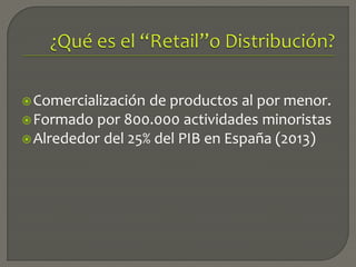 Comercialización de productos al por menor.
Formado por 800.000 actividades minoristas
Alrededor del 25% del PIB en España (2013)
 