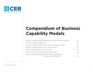 1
© 2013 The Corporate Executive Board Company.
All Rights Reserved. EAEC6824713SYN
Compendium of Business
Capability Models
Business Capability Model: Department of Human Services Australia		 p.2
Business Capability Model: Intel								p.3
Business Capability Model: IBM’s Component Business Model			 p.5
Business Capability Model: Cisco’s Service Model					 p.7
Business Capability Model: City of Toronto						 p.8
Business Capability Model: First Data Corporation					 p.10
Business Capability Model: 
APQC’s Process Classification
Framework—Cross Industry				p.11
 