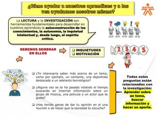 La LECTURA y la INVESTIGACIÓN son
herramientas fundamentales para desarrollar en
nuestros aprendices la autoconstrucción de los
conocimientos, la autonomía, la inquietud
intelectual y, desde luego, el espíritu
crítico.
DEBEMOS SEMBRAR
EN ELLOS
❑ INQUIETUDES
❑ MOTIVACIÓN
❑ ¿Te interesaría saber más acerca de un tema,
como por ejemplo, un cantante, una deportista
destacada o un adelanto tecnológico?
❑ ¿Alguna vez se te ha pasado volando el tiempo
buscando en Internet información sobre un
grupo de música, una película o un actor que te
gusta?
❑ ¿Has tenido ganas de dar tu opinión en el una
reunión o de hacer que la sociedad te escuche?
Todas estas
preguntas están
relacionadas con
la investigación:
Aprender sobre
un tema,
buscar
información y
hacer un aporte.
 