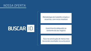 NOSSA OFERTA
Metodologia de trabalho simples e
assertiva, com início imediato
Investimento adequado ao
tamanho do seu negócio
Foco na construção de marca mas
buscando resultados no curto prazo
 