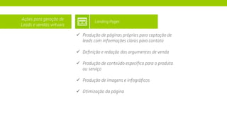 ü  Produção de páginas próprias para captação de
leads com informações claras para contato
ü  Deﬁnição e redação dos argumentos de venda
ü  Produção de conteúdo especíﬁco para o produto
ou serviço
ü  Produção de imagens e infográﬁcos
ü  Otimização da página
Ações para geração de
Leads e vendas virtuais
Landing Pages
 