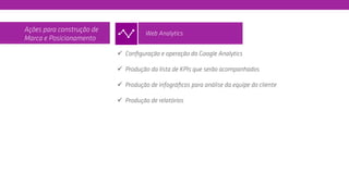 ü  Conﬁguração e operação do Google Analytics
ü  Produção da lista de KPIs que serão acompanhados
ü  Produção de infográﬁcos para análise da equipe do cliente
ü  Produção de relatórios
Ações para construção de
Marca e Posicionamento
Web Analytics
 