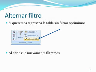 Alternar filtro
 Si queremos regresar a la tabla sin filtrar oprimimos
 Al darle clic nuevamente filtramos
14
 