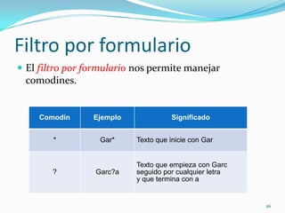 Filtro por formulario
 El filtro por formulario nos permite manejar
comodines.
Comodín Ejemplo Significado
* Gar* Texto que inicie con Gar
? Garc?a
Texto que empieza con Garc
seguido por cualquier letra
y que termina con a
26
 