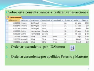  Sobre esta consulta vamos a realizar varias acciones
5. Ordenar ascendente por IDAlumno
6. Ordenar ascendente por apellidos Paterno y Materno
40
 